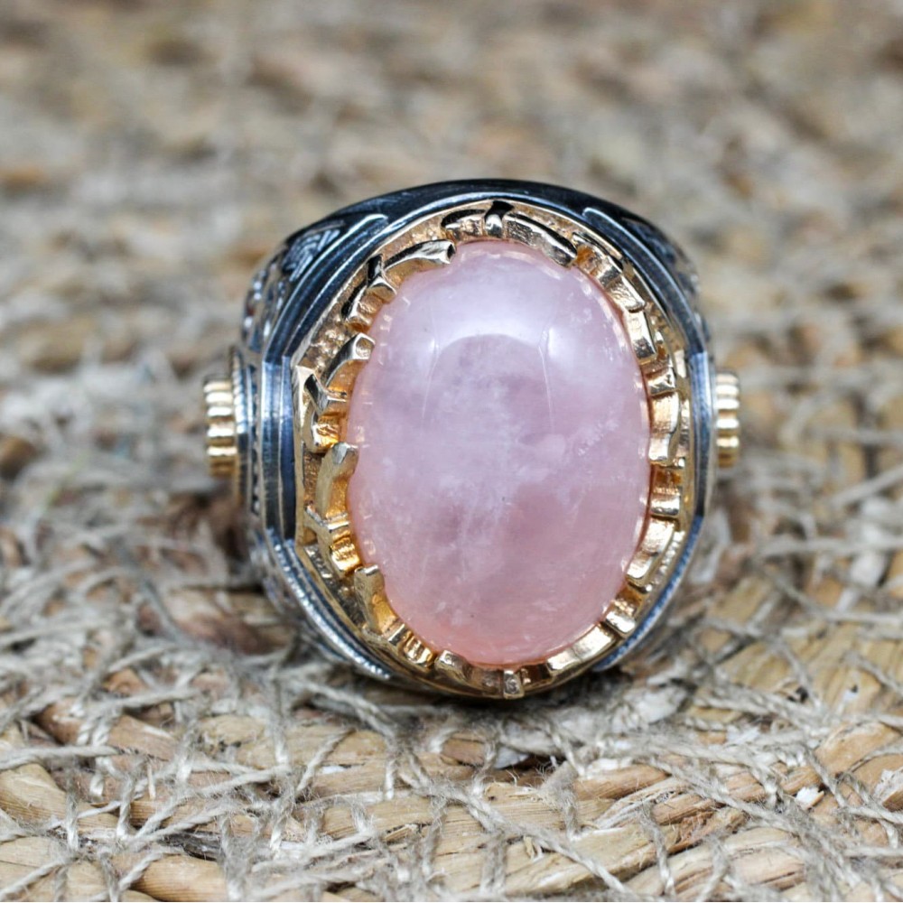 Handmade Mens Ring, Turkish Handmade Silver Men Ring, Ottoman Men Ring, Rose Quartz Ring, Men's Jewelry, Gift for Him, 925k Sterling Silver,
