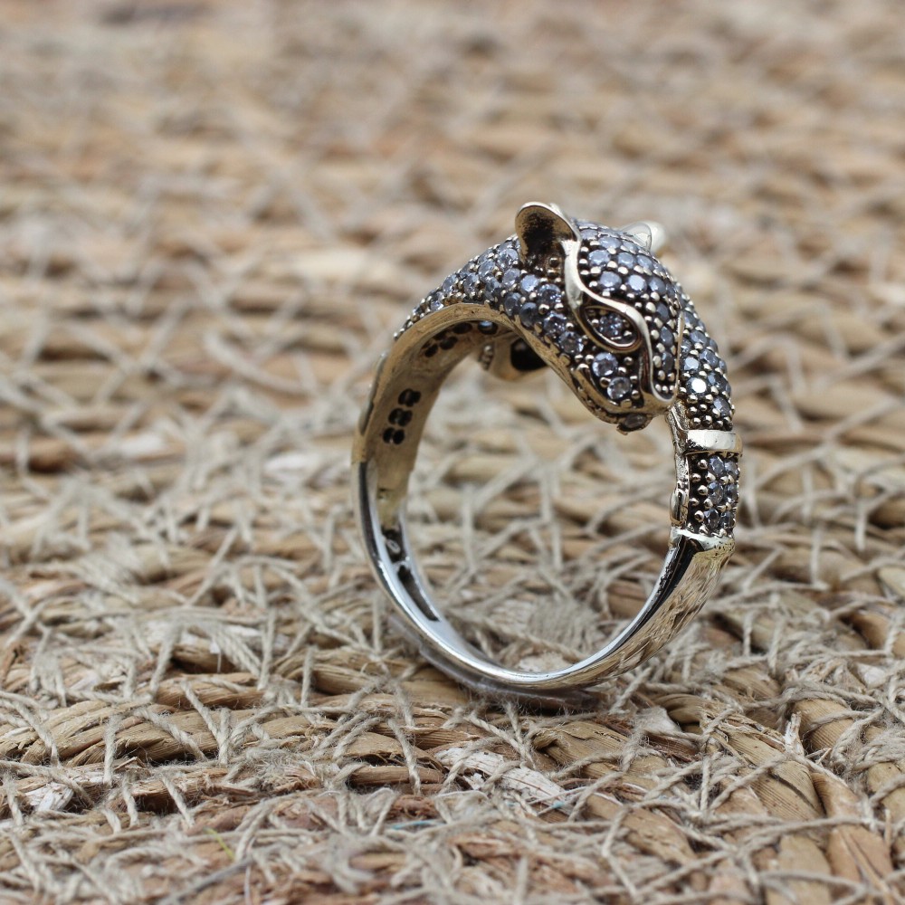 Zircon Tiger Ring, Handmade Women's Ring, Tiger Ring, Turkish Handmade Ring, Ottoman Women Ring, Ladies Ring, 925k Sterling Silver, Tiger,