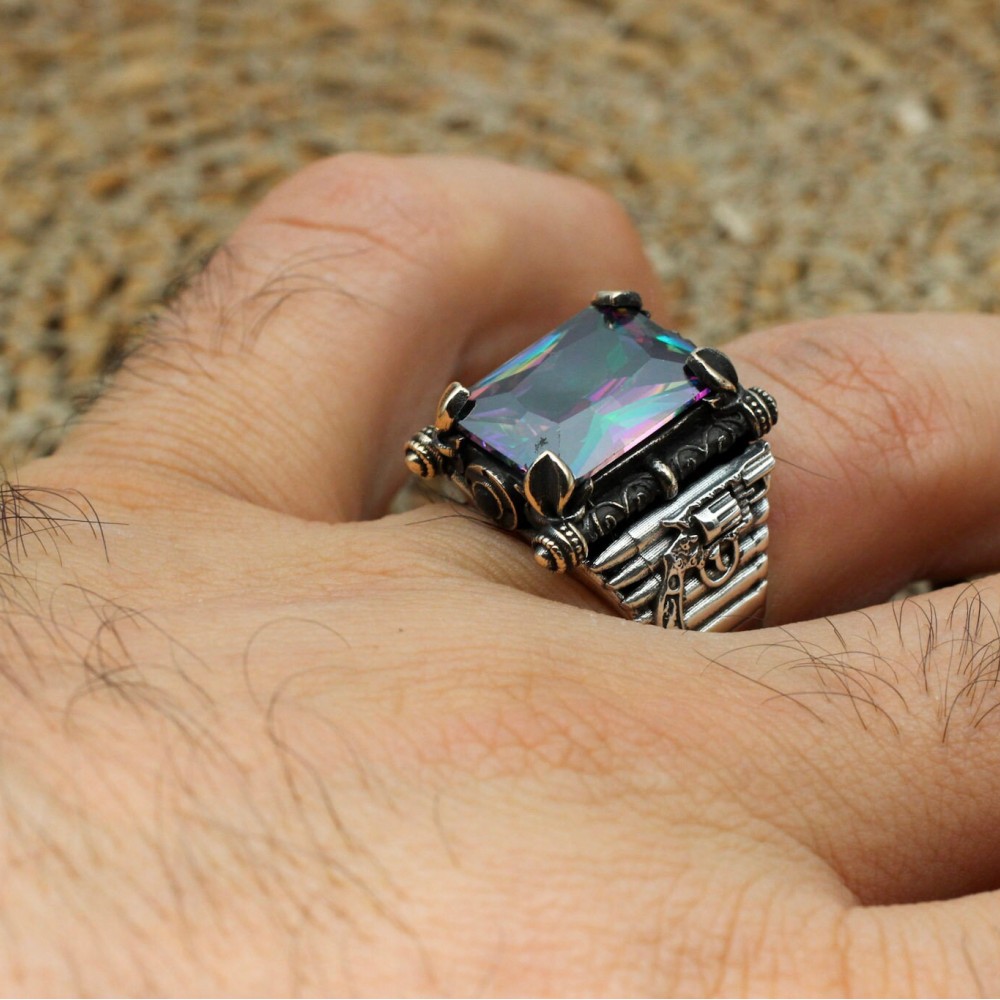 Mystic Topaz Mens Ring, Turkish Handmade Ring, Figured Ring, Mens Jewelry, Ottoman Ring, Gift for Him, 925k Sterling Silver, Square Stone