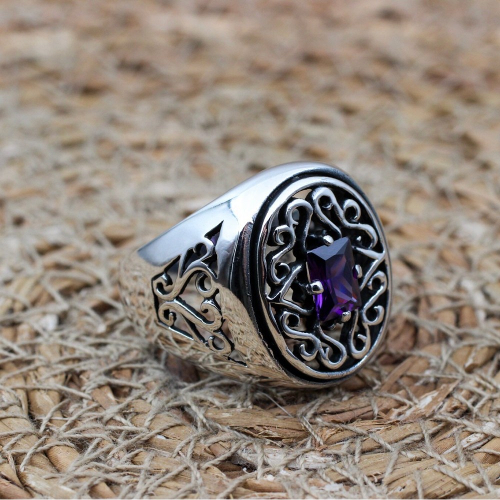 Amethyst Men's Ring, Mens Handmade Ring, Turkish Handmade Silver Men Ring, Ottoman Men Ring, Men Jewelry, Gift for Him, 925k Sterling Silver