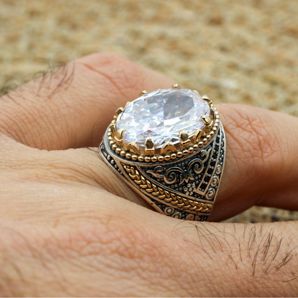 Mens Handmade Ring, Turkish Handmade Silver Men Ring, Ottoman Men Ring, Zircon Ring, Men's Jewelry, Gift for Him, 925k Sterling Silver Ring