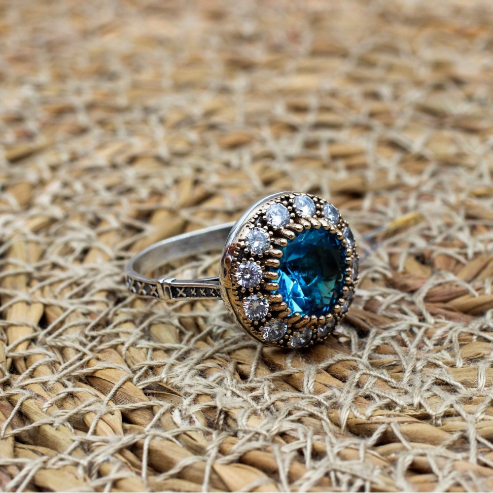 Aquamarine Ring, Handmade Women Ring, Turkish Handmade Silver Ladies Ring, Ottoman Ring, Ladies Ring, 925k Sterling Silver, Zircon Ring
