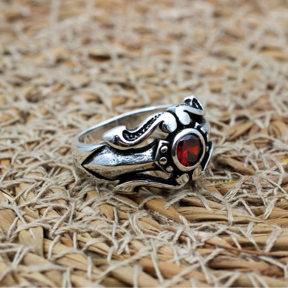 Mens Handmade Ring, Turkish Handmade Silver Men Ring, Ottoman Men Ring, Ruby Ring, Men's Jewelry, Gift for Him, 925k Sterling Silver Ring