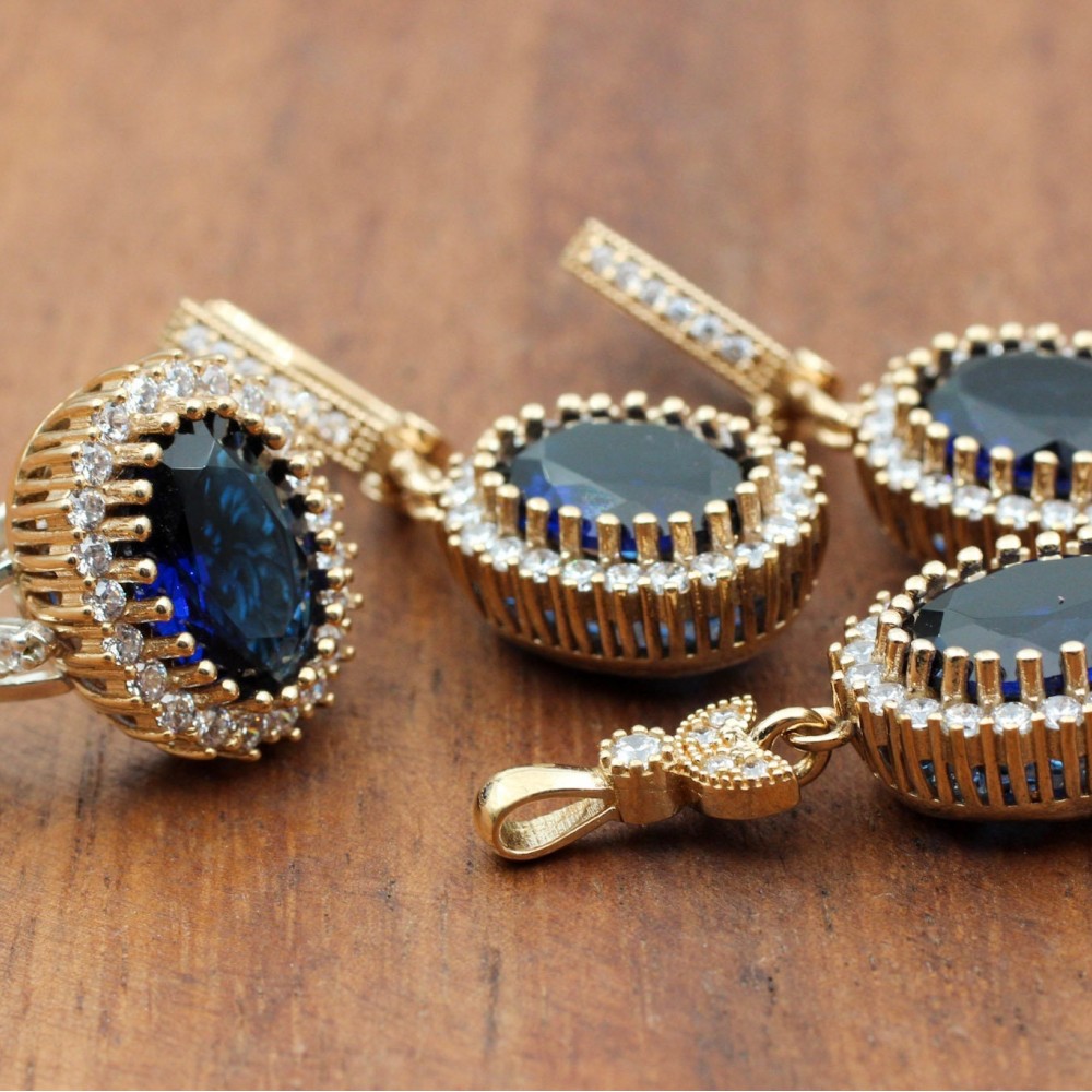 Sapphire Set, Authentic Set, Handmade Set Women, Turkish Handmade, Ladies Jewelry Set, Earring, Pendant, Ladies Set, 925k Sterling Silver