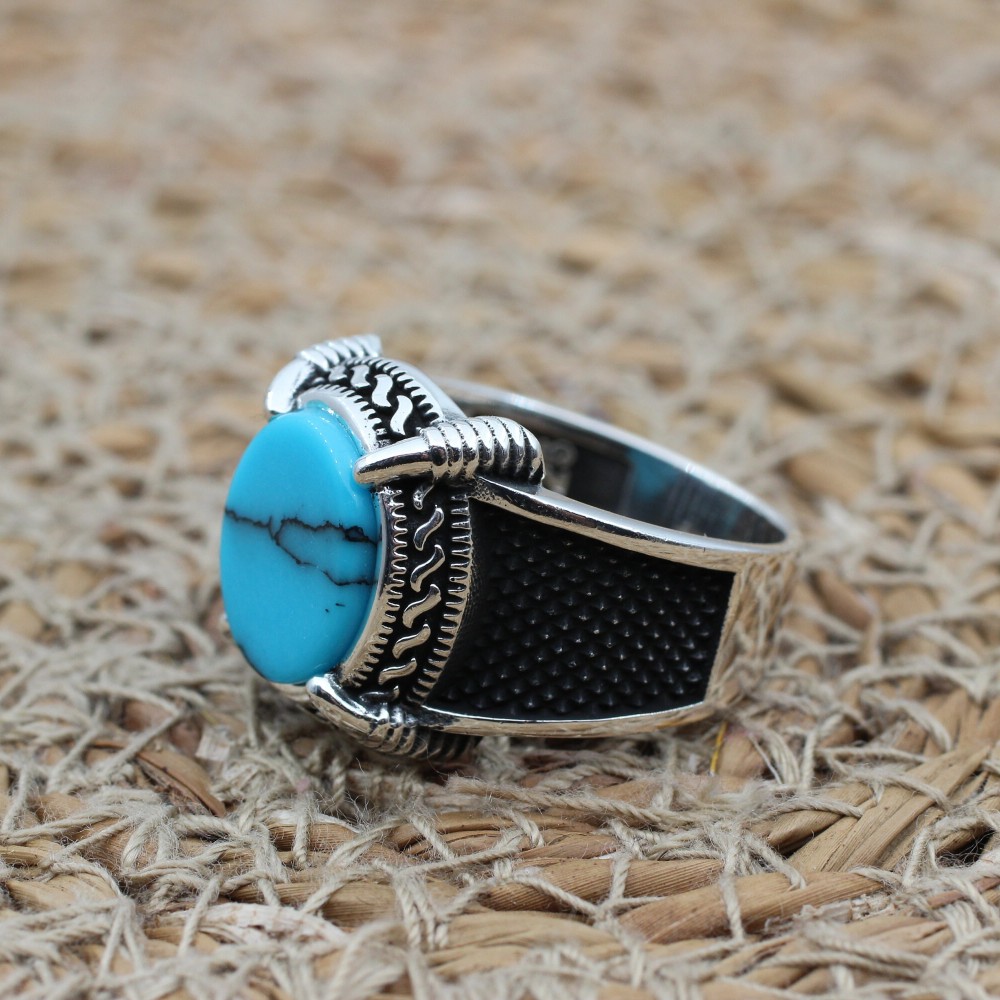 Men's Handmade Ring, Yemeni Ring, Turquoise Ring, Turkish Handmade Silver Men's Ring, Ottoman Men's Ring, Gift for Him, 925k Sterling Silver