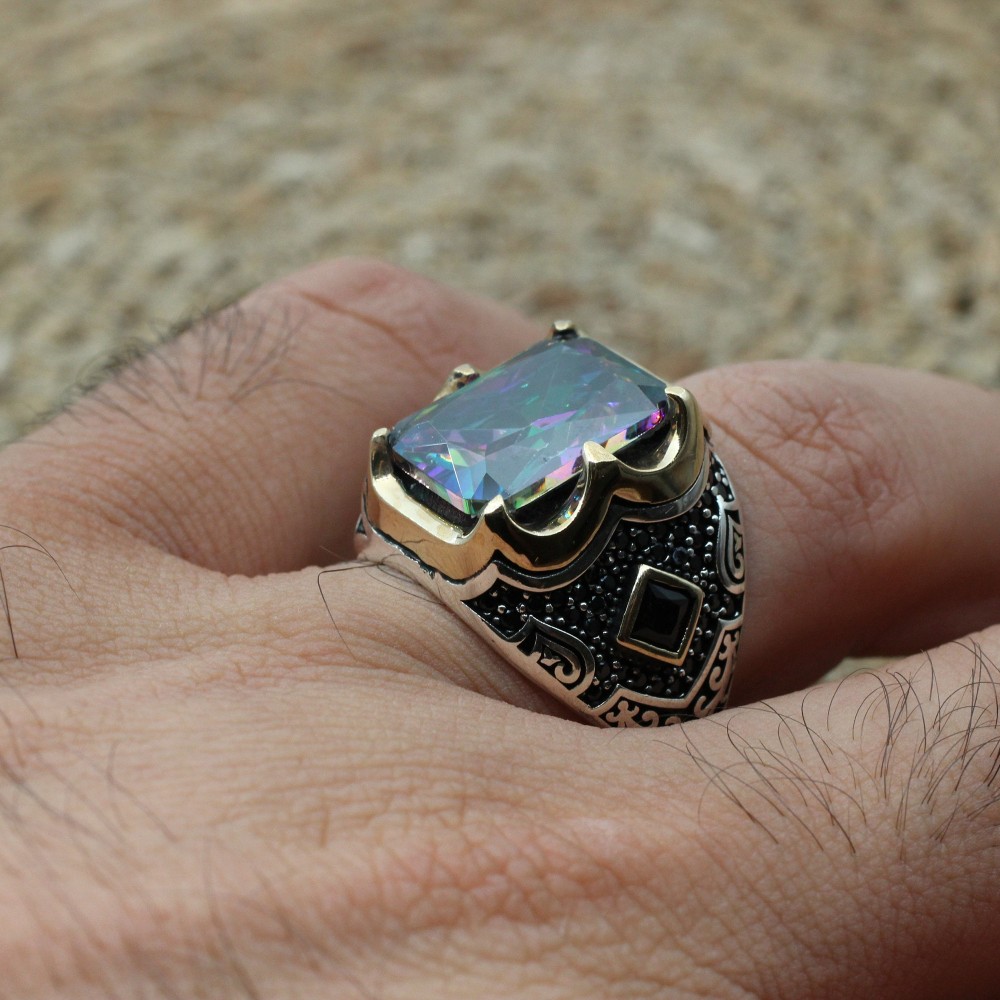 Mystic Topaz Ring, Handmade Ring, Turkish Handmade Silver Men Ring, Mystic Topaz Ring, Men's Jewelry, Gift for Him, 925k Sterling Silver Mystic Topaz Ring, Handmade Ring, Turkish Handmade Silver Men Ring, Mystic Topaz Ring, Men's Jewelry, Gift for Him, 925k Sterling Silver