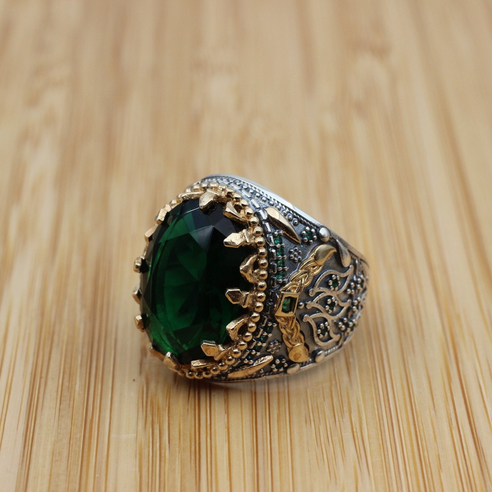 Emerald Men's Ring, Handmade Mens Ring, Turkish Handmade Silver Men Ring, Ottoman Men Ring, Mens Jewelry, Gift for Him, 925k Sterling Silver