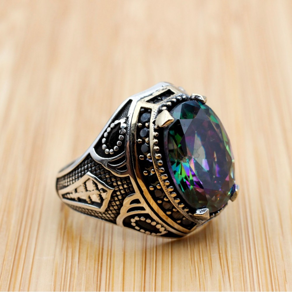Men's Handmade Ring, Mystic Topaz Men's Ring, Turkish Handmade Silver Men's Ring, Ottoman Men's Ring, Gift for Him, 925 Sterling Silver Ring