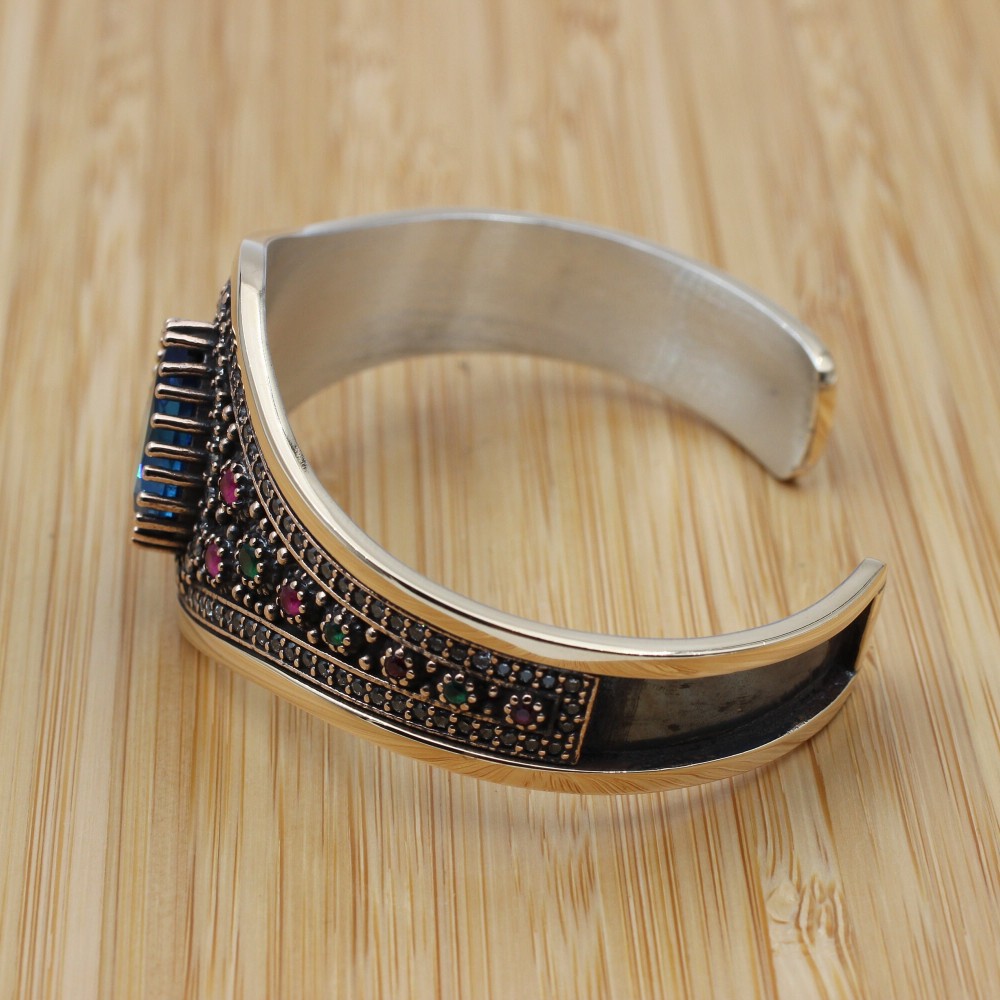 Aquamarine Bracelet, Ottoman Bracelet, Handmade Bracelet, Bangle Cuff, Turkish Handmade, Bangle Bracelet, Gift for Her, 925k Sterling Silver