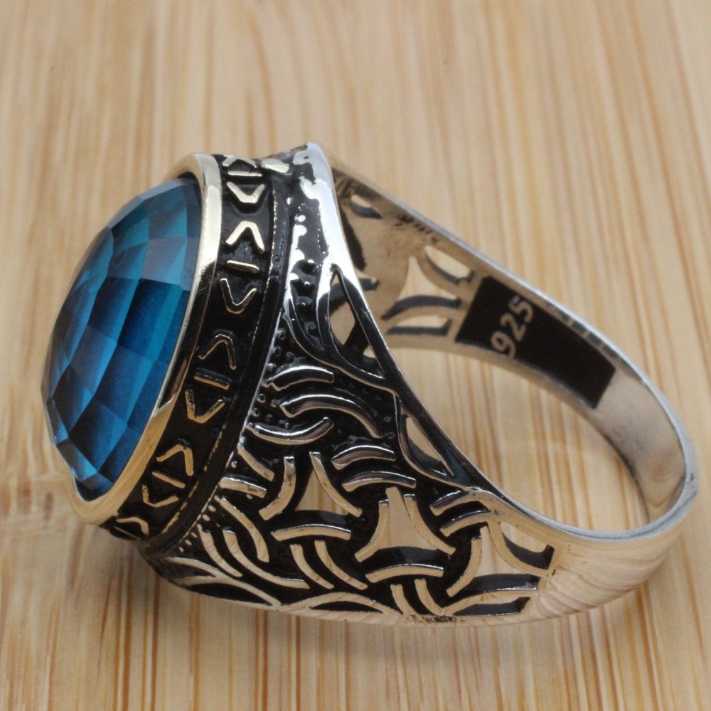 Aquamarine Ring, Turkish Handmade Silver Men Ring, Mens Handmade Ring, Ottoman Ring, Men's Jewelry, Gift for Him, 925k Sterling Silver Ring