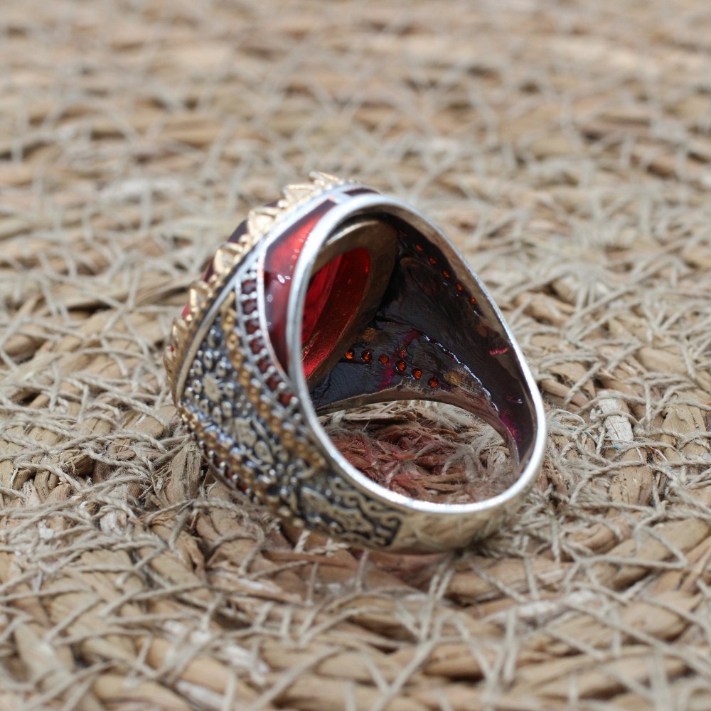 Ruby Mens Ring, Handmade Ring, Turkish Handmade Silver Men Ring, Ottoman Men Ring, Men's Jewelry, Gift for Him, 925k Sterling Silver Ring