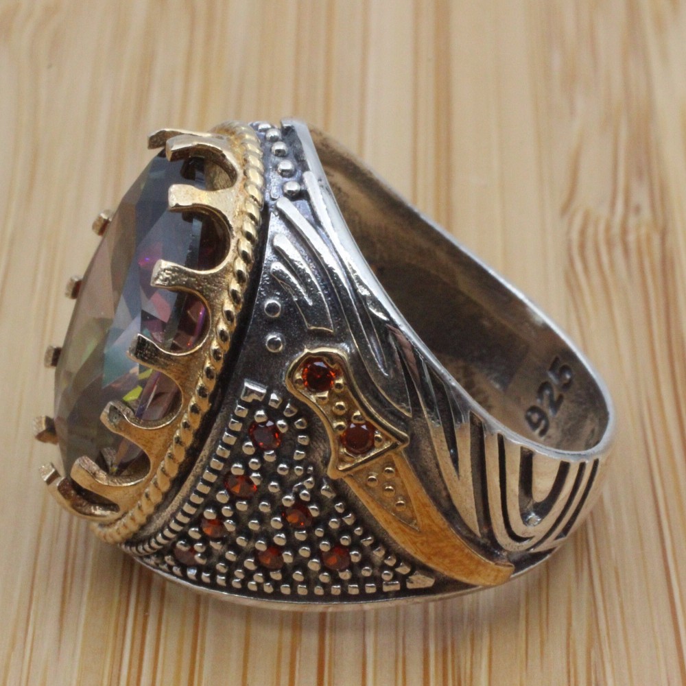 Turkish Handmade Silver Men's Ring, Men's Handmade Ring, Yemeni Ring, Mystic Topaz Ring, Ottoman Ring, Gift for Him, 925k Sterling Silver,