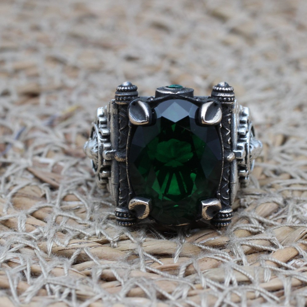 Emerald Men's Ring, Ottoman Men's Ring, Handmade Men's Ring, Turkish Mens Ring, Oval Stone, Mens Jewelry, Gift for Him, 925k Sterling Silver