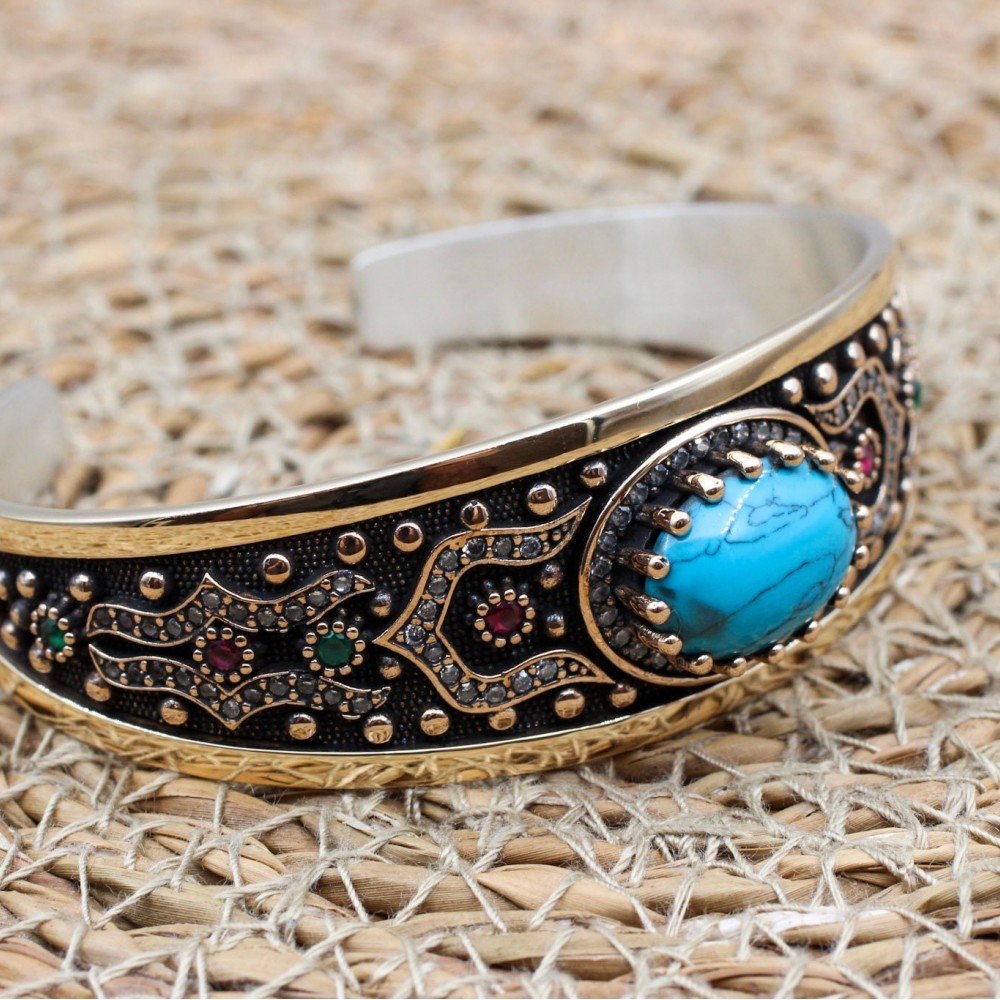 Turquoise Bracelet, Ottoman Bracelet, Handmade Bracelet, Bangle Cuff, Turkish Handmade, Bangle Bracelet, Gift for Her, 925 Sterling Silver