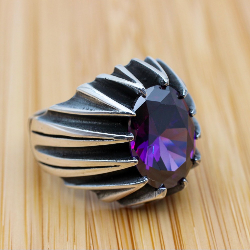 Mens Handmade Ring, Turkish Handmade Silver Men Ring, Ottoman Men Ring, Amethyst Ring, Men Jewelry, Gift for Him, 925k Sterling Silver Ring