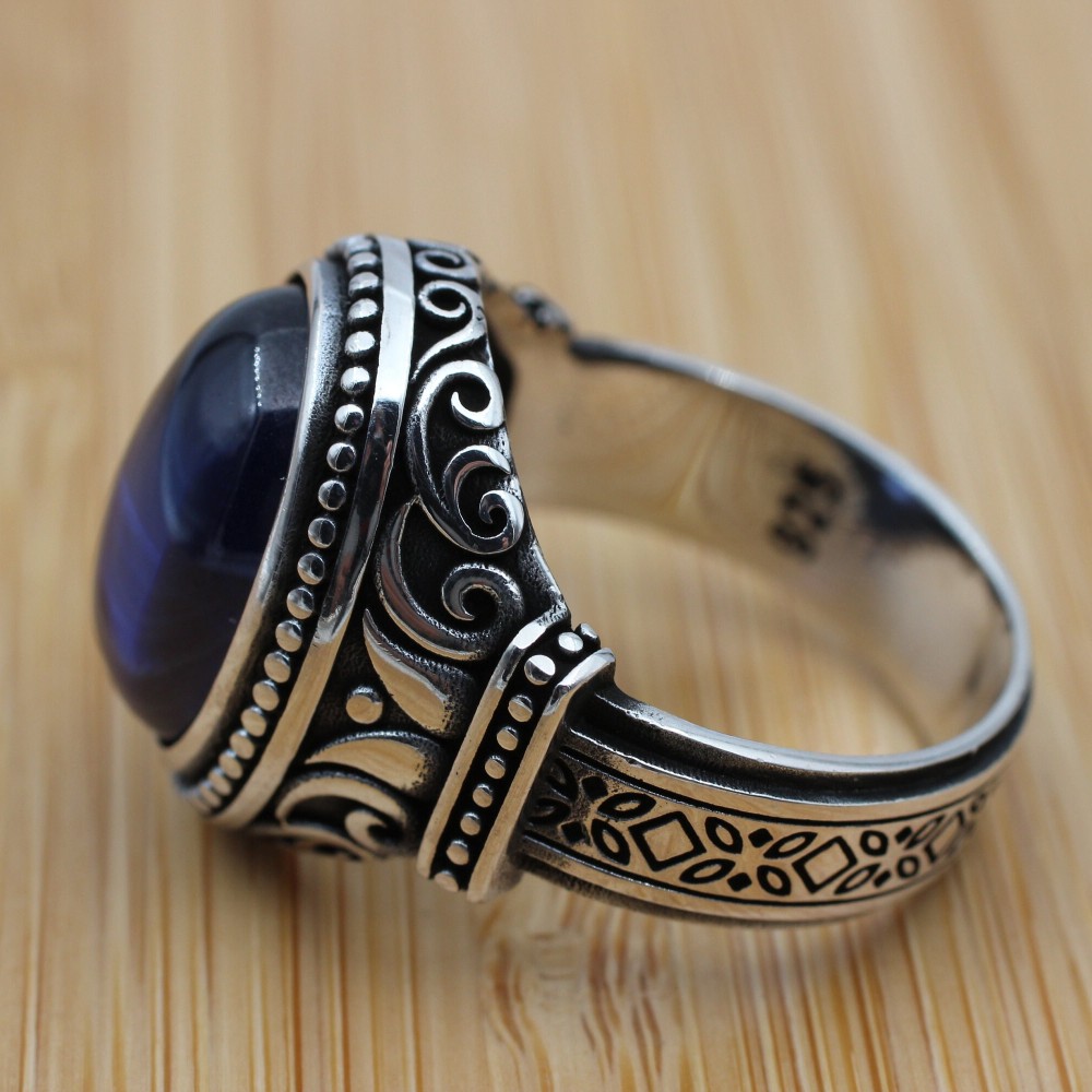 Turkish Handmade Silver Men Ring, Mens Handmade Ring, Ottoman Ring, Sapphire Ring, Men's Jewelry, Gift for Him, 925k Sterling Silver Ring