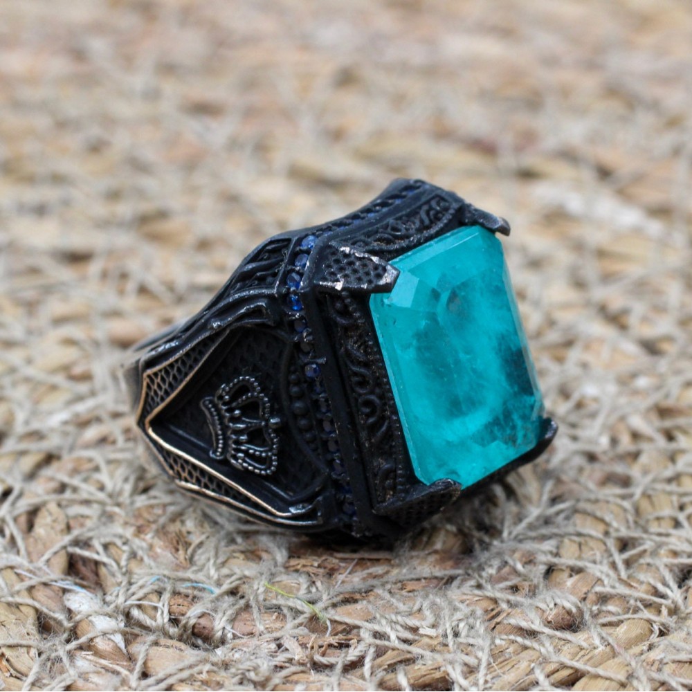 Men's Handmade Ring, Turkish Handmade Silver Men's Ring, Ottoman Ring, Paraiba Ring, Men's Jewelry, Gift for Him, 925k Sterling Silver Ring