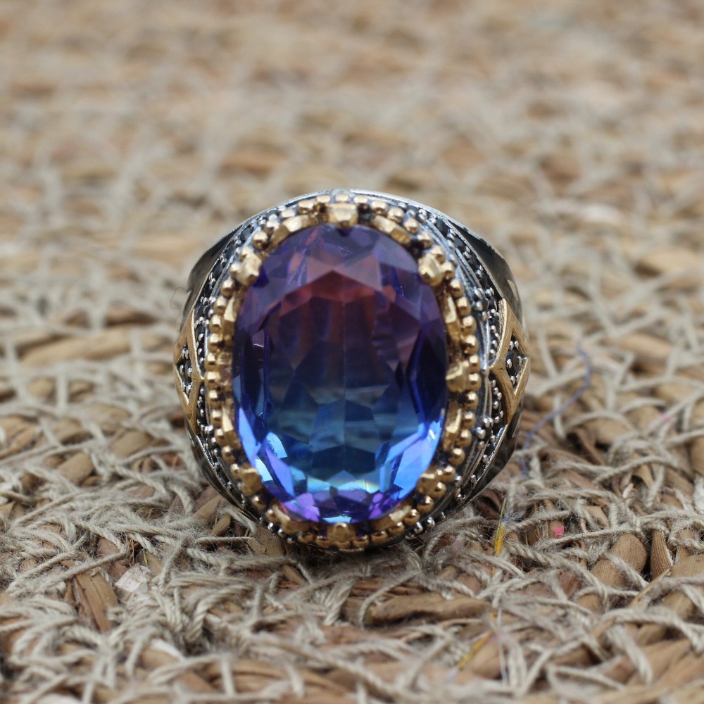 Men's Handmade Ring, Turkish Handmade Men's Ring, Ottoman Men's Ring, Tourmaline Men's Ring, Mens Ring, Gift for Him, 925k Sterling Silver