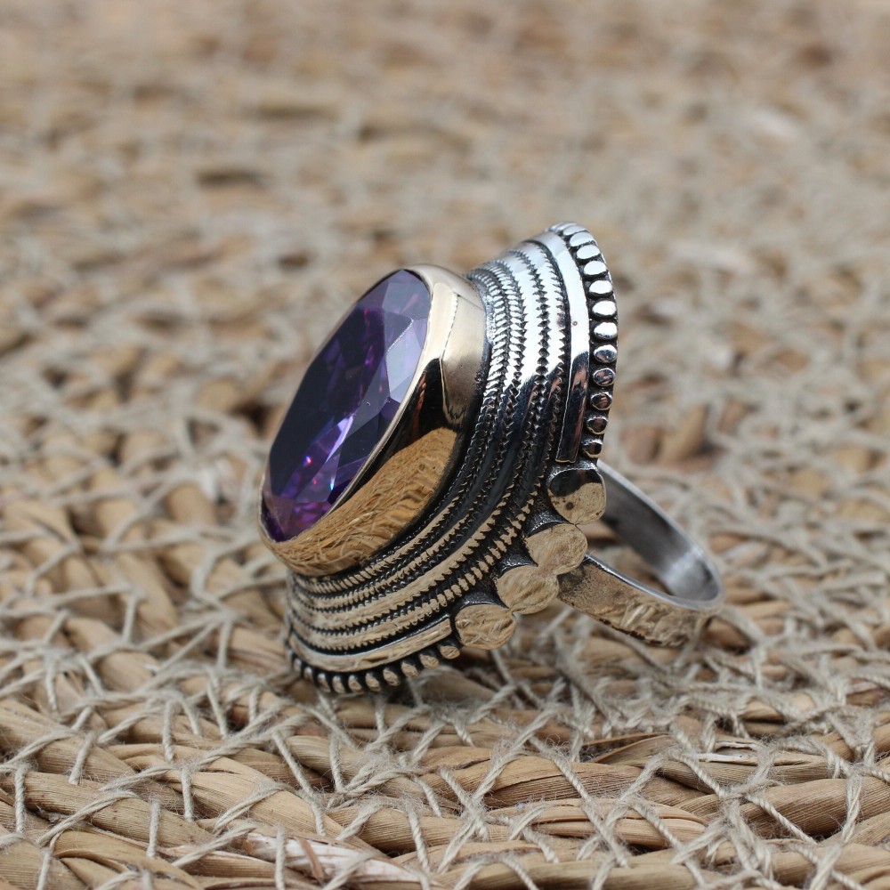 Amethyst Ring, Handmade Women Ring, Turkish Handmade Silver Ladies Ring, Ottoman Ring, Boho Ladies Ring, 925k Sterling Silver, Zircon Ring