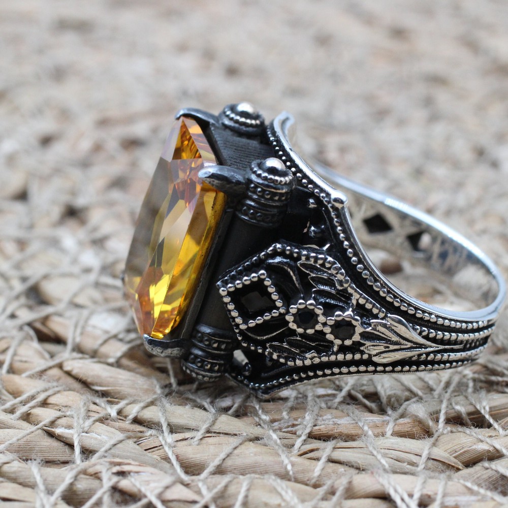Citrine Men's Ring, Men's Handmade Ring, Turkish Handmade Ring, Ottoman Men's Ring, Men's Jewelry, Gift for Him, 925k Sterling Silver Ring