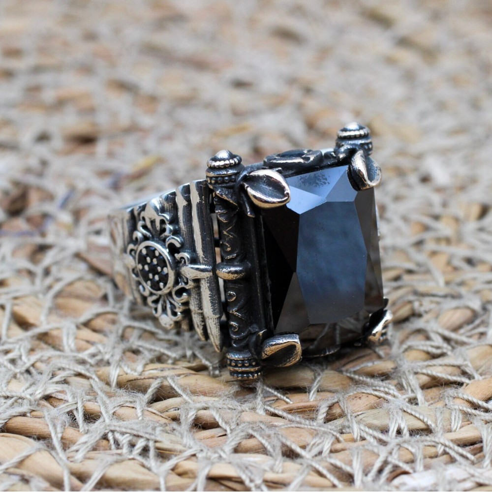 Onyx Men's Ring, Turkish Handmade Silver Men's Ring, Mens Handmade Ring, Square Stone Ring, Ottoman Ring, Gift for Him, 925k Sterling Silver