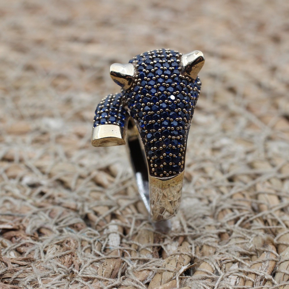 Sapphire Tiger Ring, Handmade Women's Ring, Tiger Ring, Turkish Handmade Ring, Ottoman Women Ring, Ladies Ring, 925k Sterling Silver, Tiger,