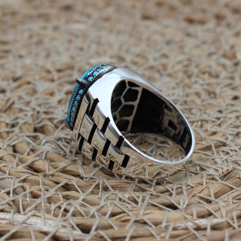 Mens Handmade Ring, Turkish Handmade Silver Men Ring, Ottoman Ring, Aquamarine Ring, Men's Jewelry, Gift for Him, 925k Sterling Silver Ring