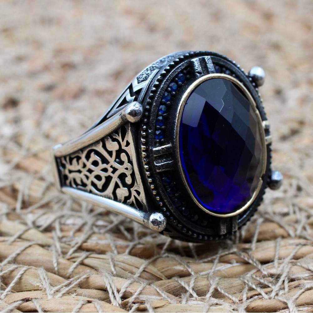Turkish Handmade Silver Men Ring, Mens Handmade Ring, Ottoman Ring, Sapphire Ring, Men's Jewelry, Gift for Him, 925k Sterling Silver Ring