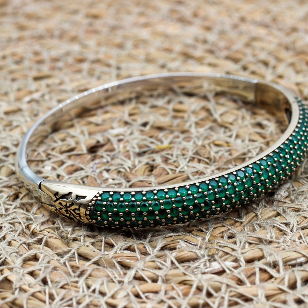Emerald Bracelet, Ottoman Bracelet, Handmade Bracelet, Bangle Cuff, Turkish Handmade, Bangle Bracelet, Gift for Her, 925k Sterling Silver,