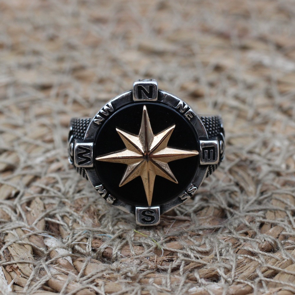 Turkish Handmade Ring, Compass Ring, Men's Handmade Ring, Anchor Ring, Onyx Ring, Men's Jewelry, Gift for Him, 925k Sterling Silver Ring