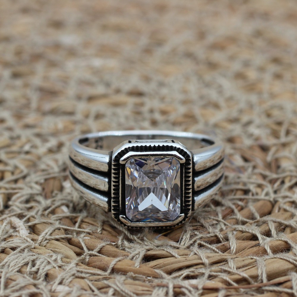 Mens Handmade Ring, Turkish Handmade Silver Men Ring, Ottoman Men Ring, Zircon Ring, Men's Jewelry, Gift for Him, 925k Sterling Silver Ring