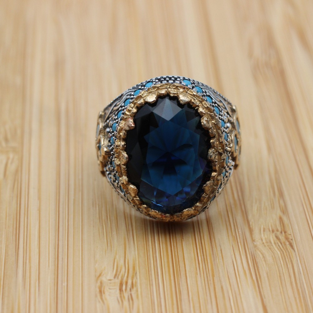 Sapphire Men's Ring, Turkish Handmade Silver Men's Ring, Mens Handmade Ring, Ottoman Ring, Men's Jewelry, Gift for Him, 925k Sterling Silver