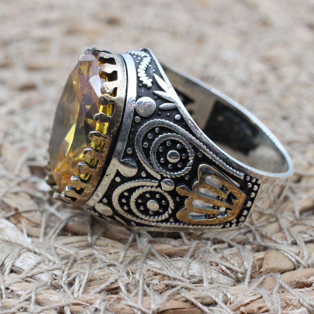 Citrine Men's Ring, Handmade Men's Ring, Turkish Handmade Ring, Ottoman Men's Ring, Men's Jewelry, Gift for Him, 925k Sterling Silver Ring