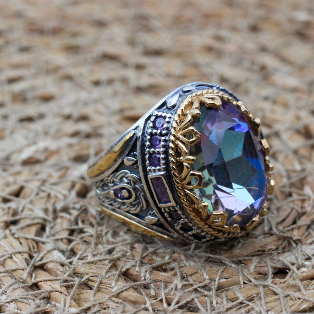 Mystic Topaz Ring, Handmade Ring, Turkish Handmade Silver Men Ring, Mystic Topaz Ring, Men's Jewelry, Gift for Him, 925k Sterling Silver