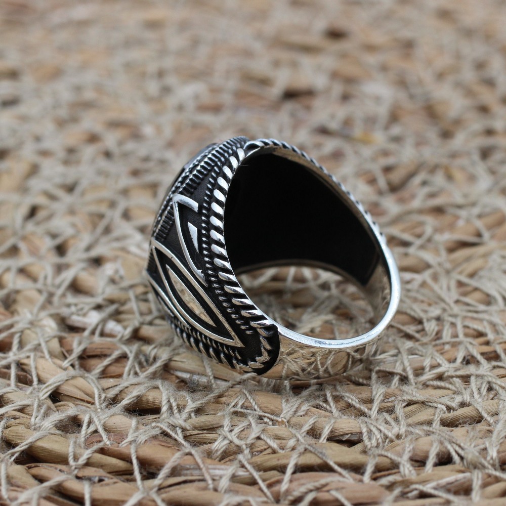 Turkish Handmade Silver Men's Ring, Men's Handmade Ring, Yemeni Men's Ring, Onyx Ring, Ottoman Ring, Gift for Him, 925k Sterling Silver,