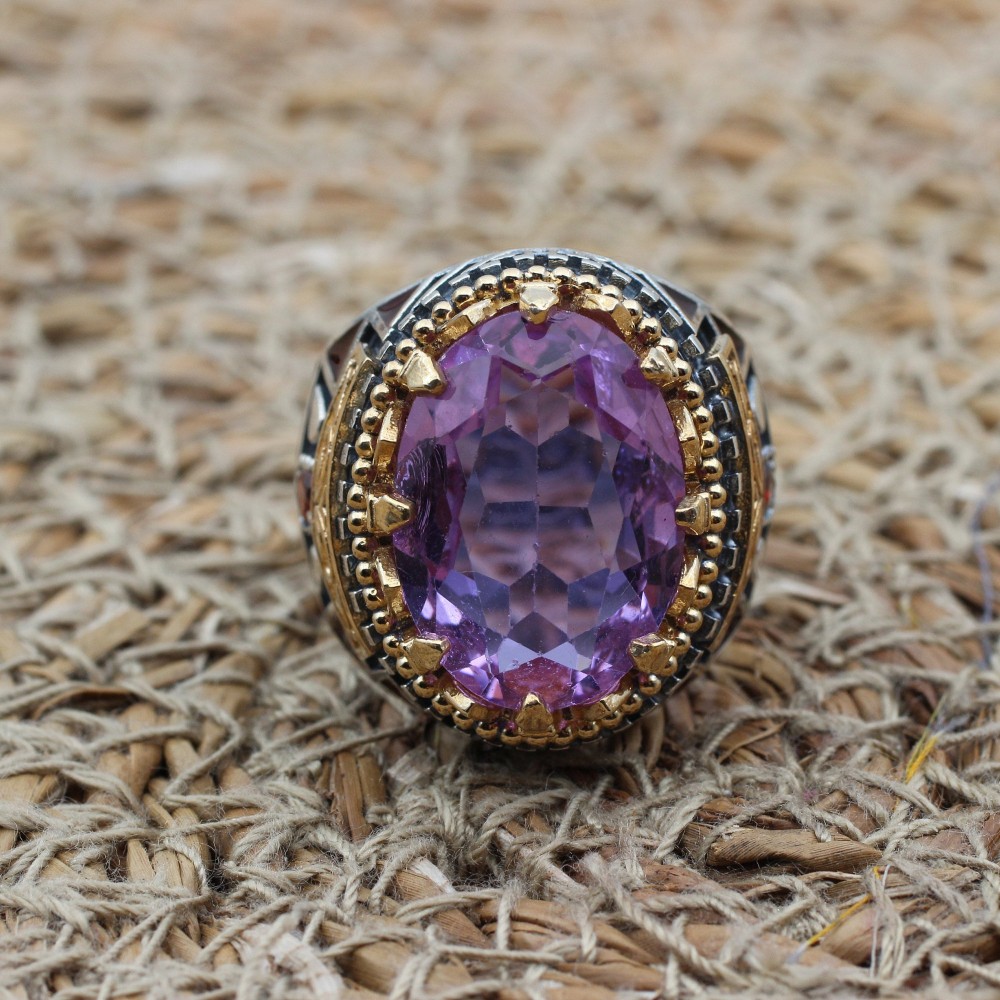 Amethyst Men's Ring, Mens Handmade Ring, Turkish Handmade Silver Men Ring, Ottoman Men Ring, Men Jewelry, Gift for Him, 925k Sterling Silver