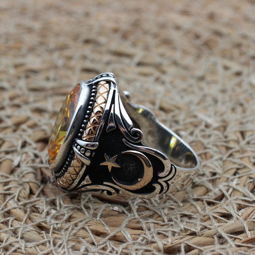 Citrine Men's Ring, Handmade Men's Ring, Turkish Handmade Silver Men Ring, Men Ring, Men's Jewelry, Gift for Him, 925k Sterling Silver Ring,