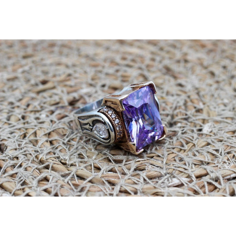 Amethyst Ring, Handmade Women Ring, Turkish Handmade Silver Ring, Ottoman Ring, Authentic Ladies Ring, 925k Sterling Silver, Zircon Ring,