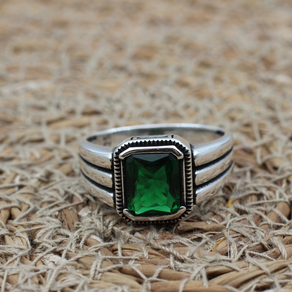 Emerald Men's Ring, Ottoman Men's Ring, Handmade Men's Ring, Turkish Handmade Men's Ring, Men's Jewelry, Gift for Him, 925 Sterling Silver