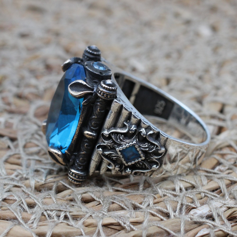Aquamarine Mens Ring, Turkish Handmade Silver Mens Ring, Ottoman Ring, Oval Stone Ring, Men Jewelry, Gift for Him, 925k Sterling Silver Ring