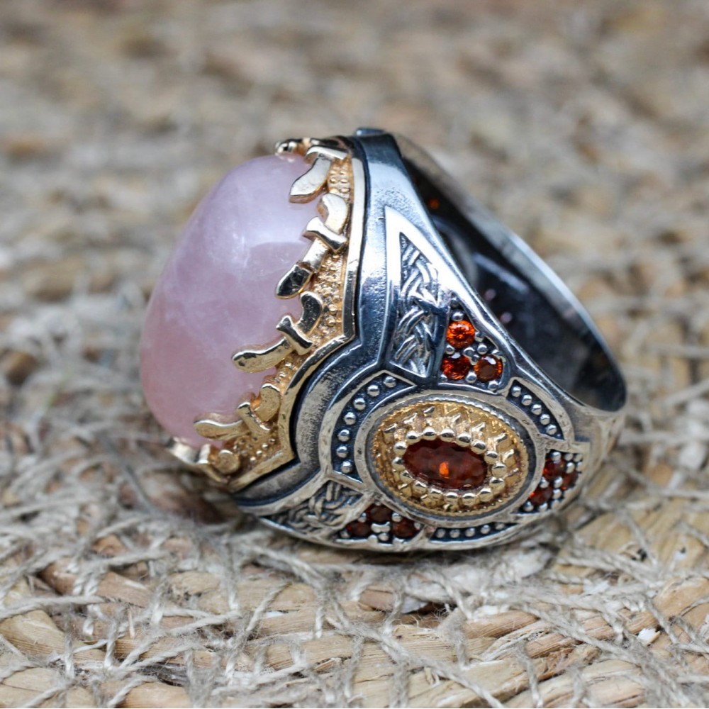 Handmade Mens Ring, Turkish Handmade Silver Men Ring, Ottoman Men Ring, Rose Quartz Ring, Men's Jewelry, Gift for Him, 925k Sterling Silver,