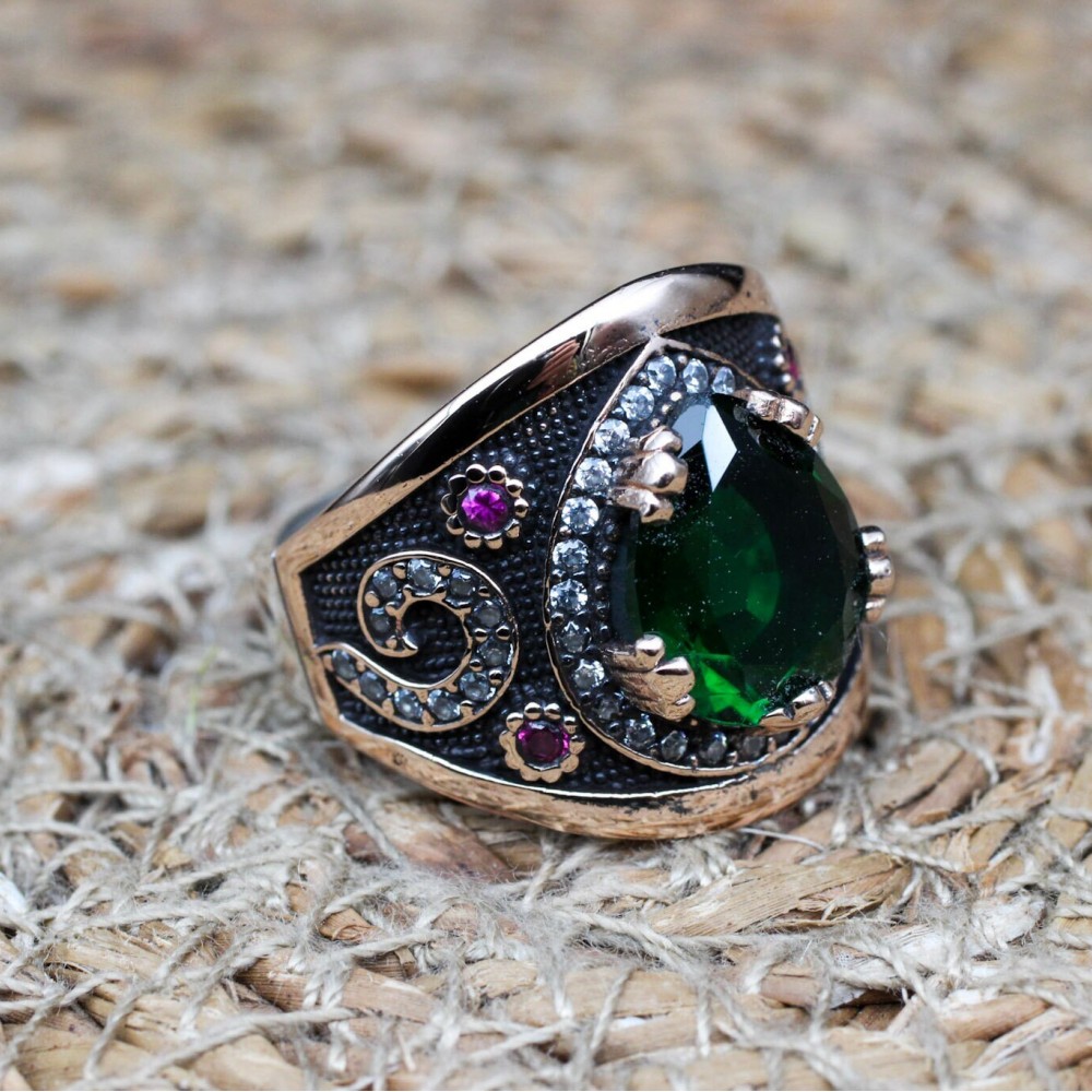 Emerald Ring, Handmade Women's Ring, Turkish Handmade Ring, Authentic Ring, Ottoman Ring, Ladies Ring, 925k Sterling Silver, Gift For Her,