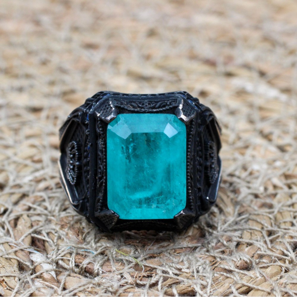 Men's Handmade Ring, Turkish Handmade Silver Men's Ring, Ottoman Ring, Paraiba Ring, Men's Jewelry, Gift for Him, 925k Sterling Silver Ring