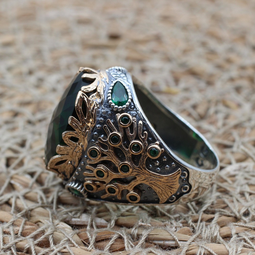 Emerald Men's Ring, Ottoman Men's Ring, Tree Of Life Ring, Turkish Handmade Men's Ring, Men's Jewelry, Gift for Him, 925 Sterling Silver