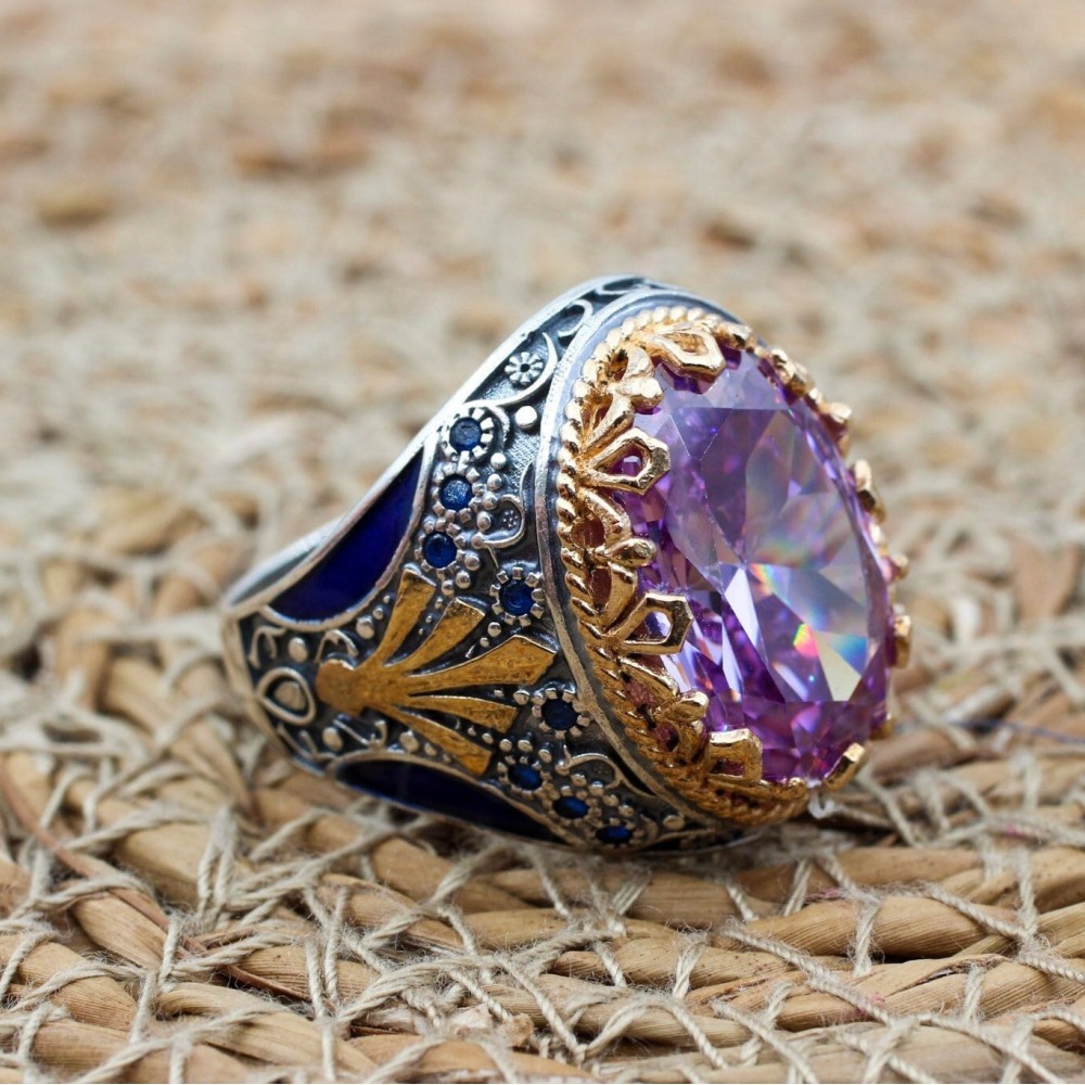Amethyst Men's Ring, Mens Handmade Ring, Turkish Handmade Silver Men Ring, Ottoman Men Ring, Men Jewelry, Gift for Him, 925k Sterling Silver