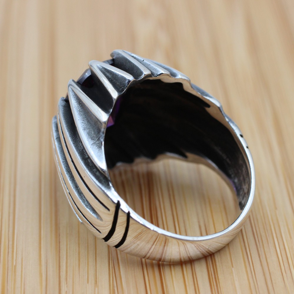 Mens Handmade Ring, Turkish Handmade Silver Men Ring, Ottoman Men Ring, Amethyst Ring, Men Jewelry, Gift for Him, 925k Sterling Silver Ring