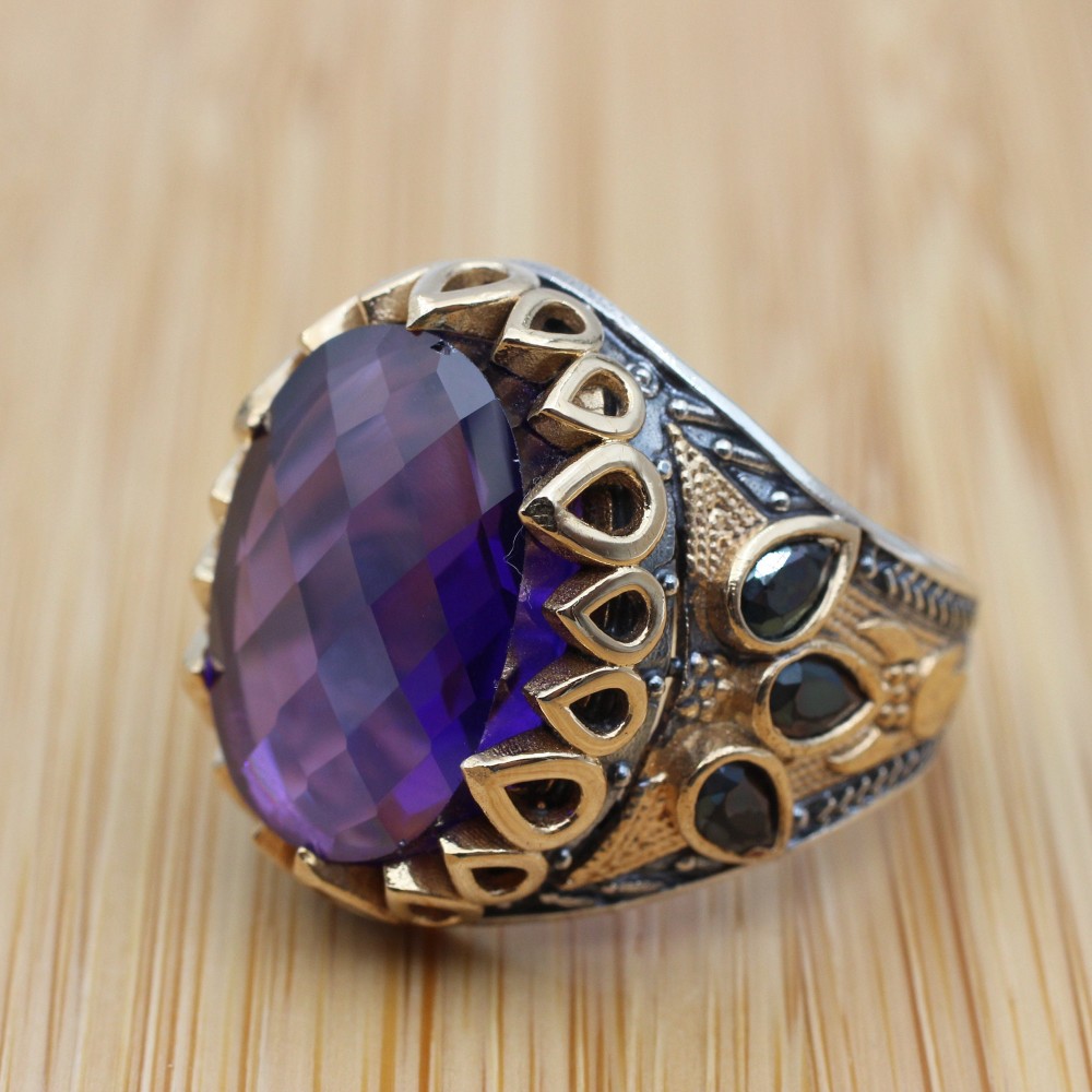 Men's Handmade Ring, Yemeni Ring, Amethyst Ring, Turkish Handmade Silver Men Ring, Ottoman Men Ring, Gift for Him, 925k Sterling Silver Ring