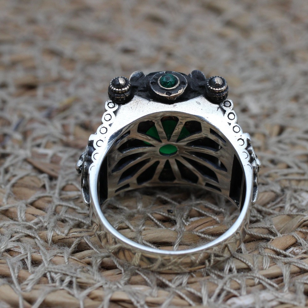Emerald Men's Ring, Ottoman Men's Ring, Handmade Men's Ring, Turkish Mens Ring, Oval Stone, Mens Jewelry, Gift for Him, 925k Sterling Silver