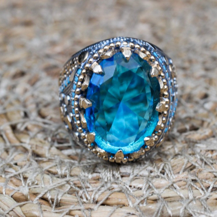 Aquamarine Ring, Mens Handmade Ring, Turkish Handmade Silver Men Ring, Ottoman Ring, Men's Jewelry, Gift for Him, 925k Sterling Silver Ring