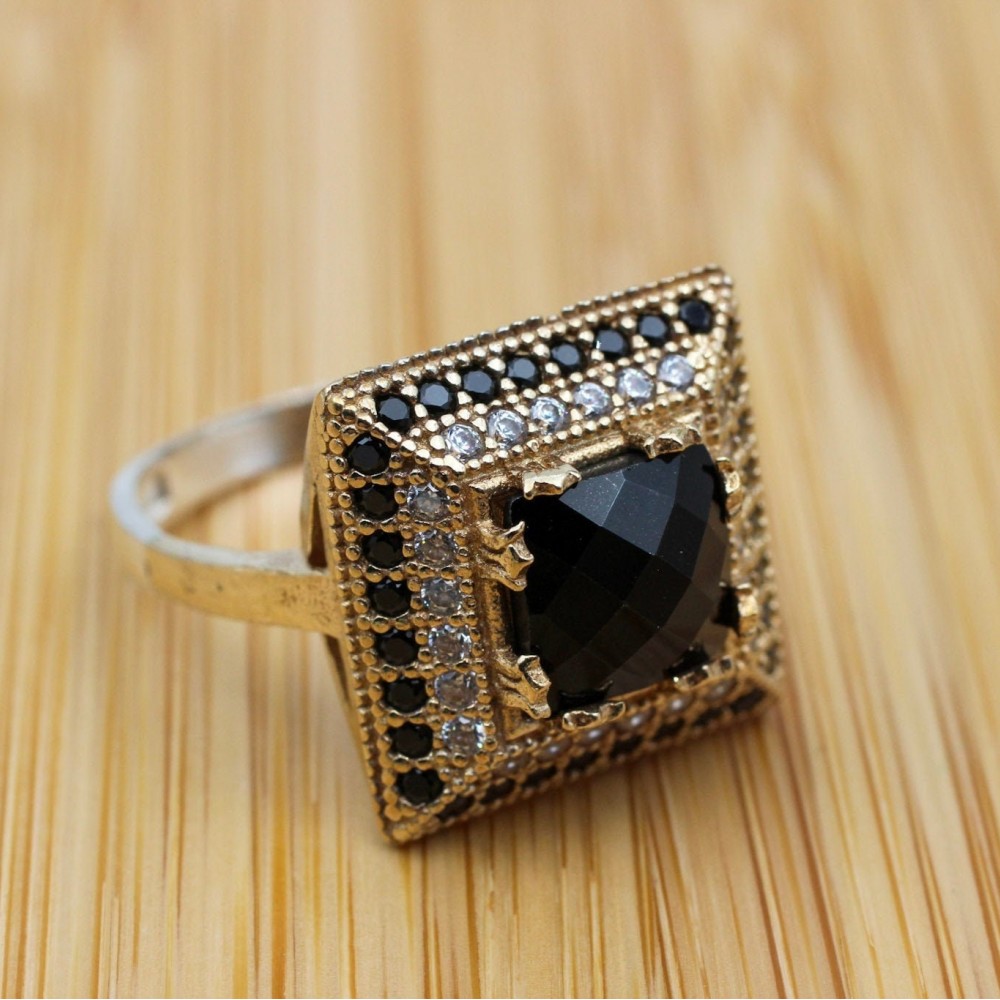 Onyx Ring, Handmade Women's Ring, Authentic Ring, Turkish Ring, Ottoman Women's Ring, Ladies Ring, 925k Sterling Silver Ring, Zircon Ring,